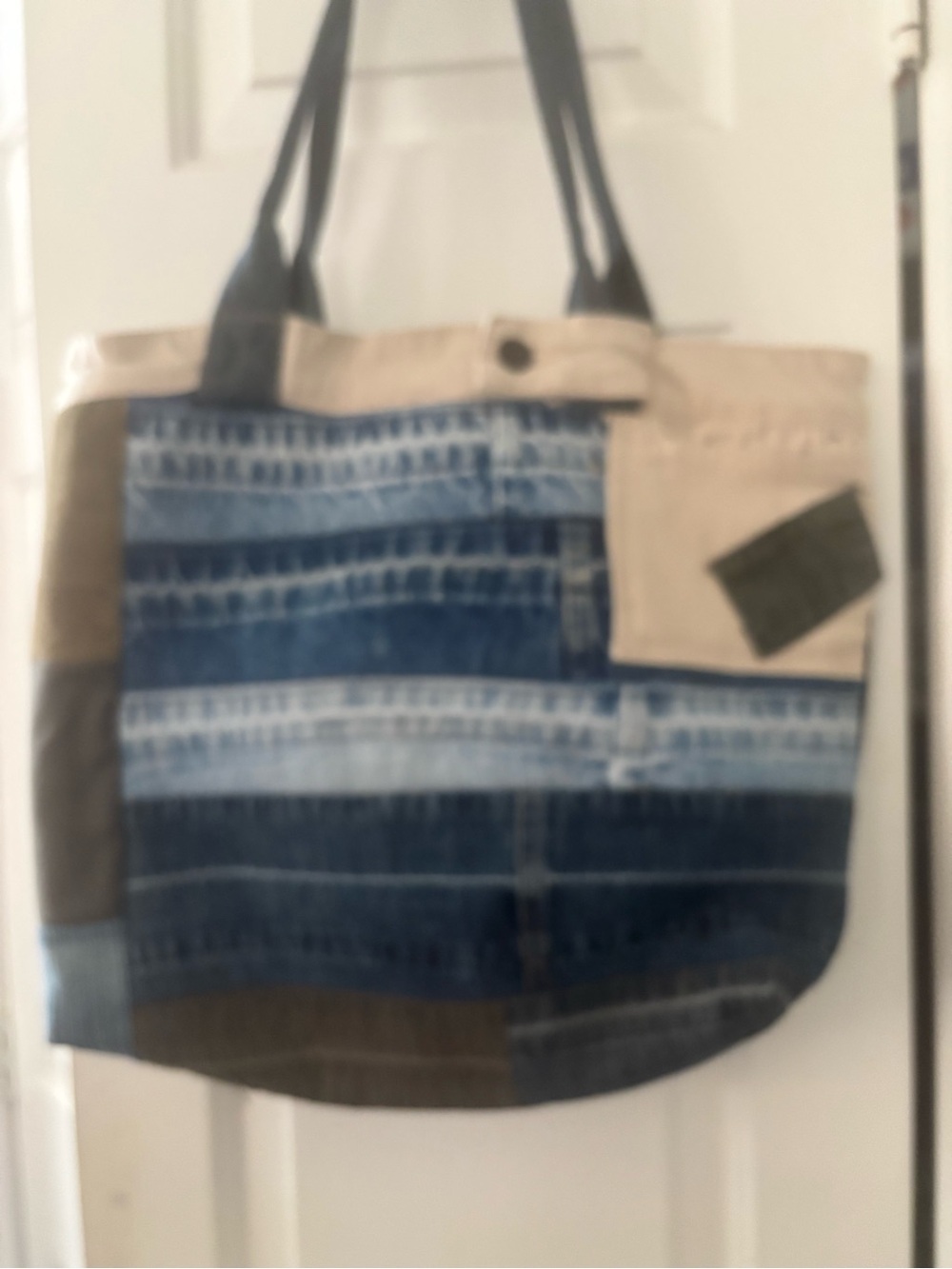 Canvas and Denim Patchwork Tote Bag - Blue & Tan